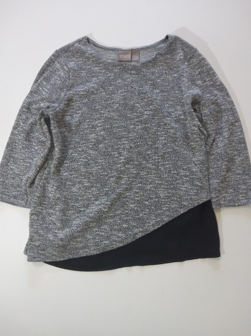Chicos Sweater Womens 1 Heather Grey Asymmetrical Black Hem 2 In 1 Mixed Media